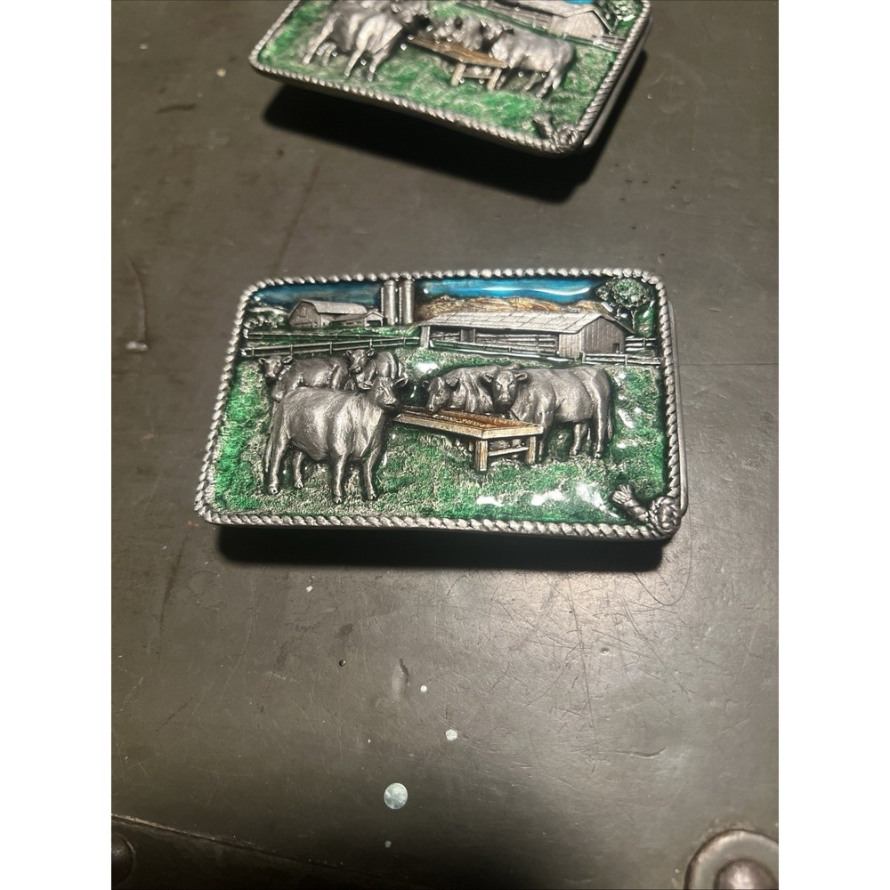 Vintage 1984 Bergamot Brass Works Belt Buckle H‑150 Farm Scene Cows Made In USA